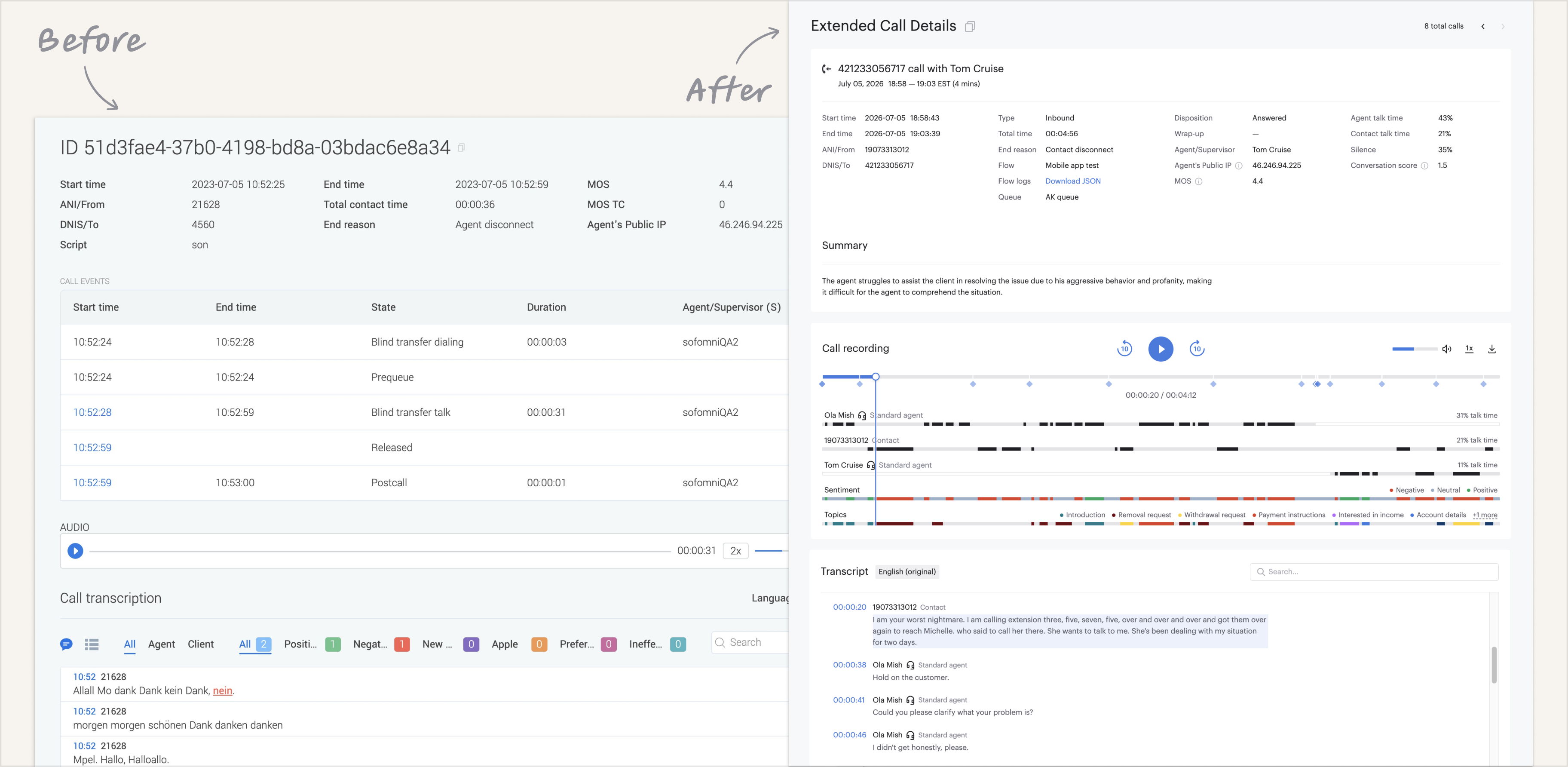 Before and after — the legacy call-details page versus the redesigned Extended Call Details