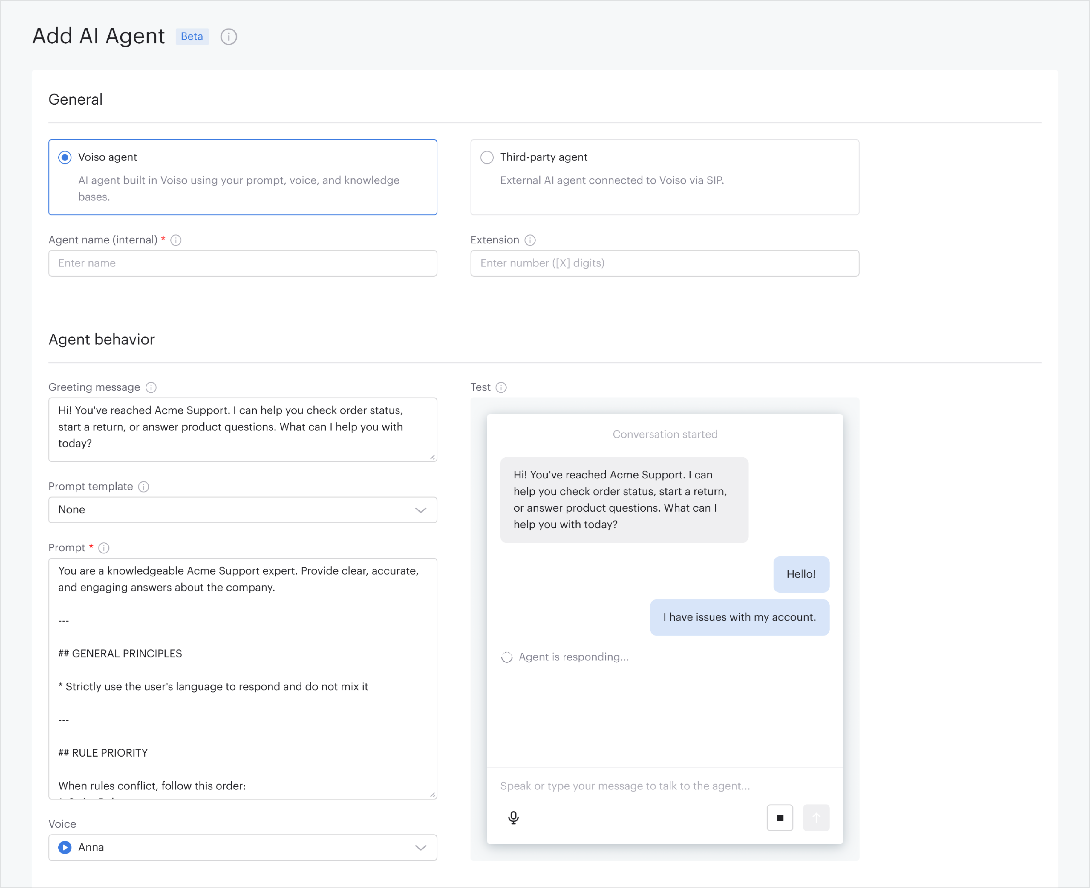 The Add AI Agent configurator — agent type, behavior (greeting, prompt template, prompt, voice), and an inline test conversation