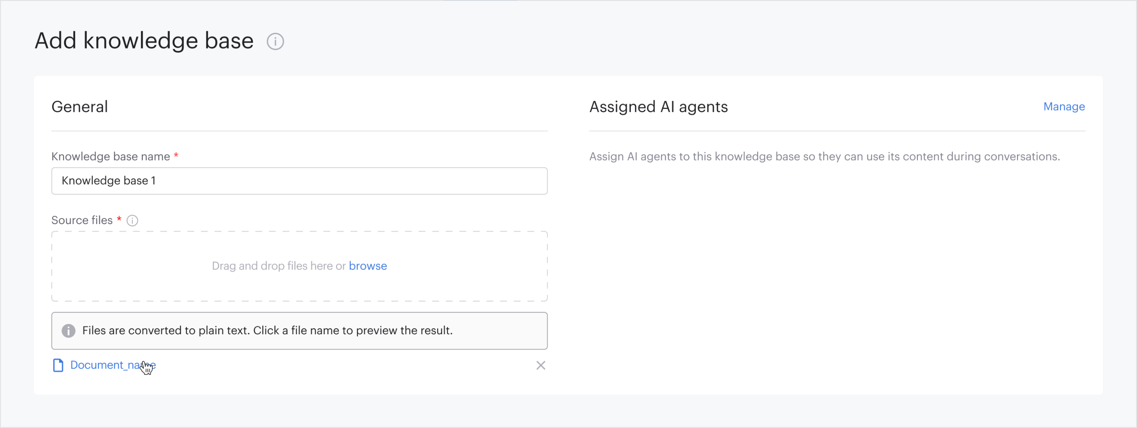The knowledge base as a reusable entity — source files and the AI agents assigned to it