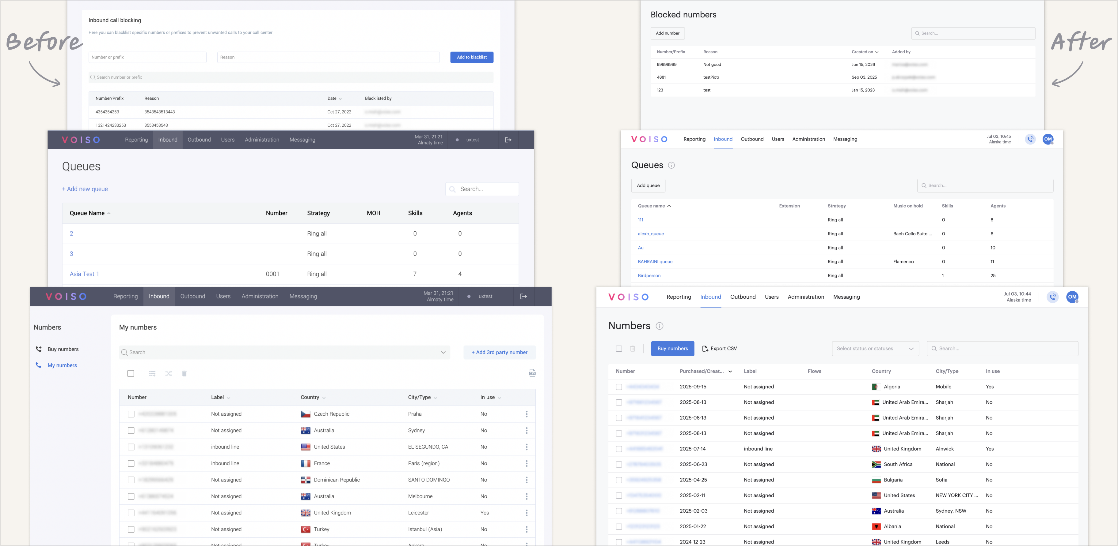 Before and after the design-system transition, across the admin surface